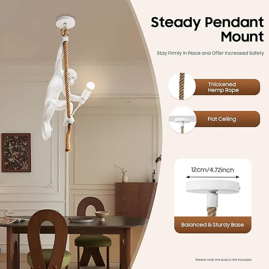 Vintage Monkey Pendant Light Retro Resin Hemp Rope Monkey Lamp 13.7 x 78.7 Inch Hanging Light Fixture E26 Chandelier Ceiling Pendant Lamp for Dining Living Room Bar Cafe (White - Pendant Light)