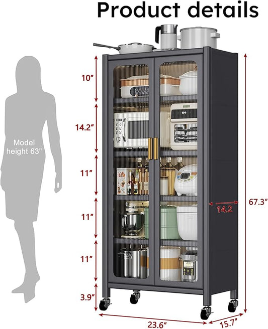67.3" Kitchen Pantry Storage Cabinet with Acrylic Glass Door, Adjustable Shelves & Wheels,Metal Tall Food Pantries Cabinets,for Kitchen, Living Room and Dining Room, Gray