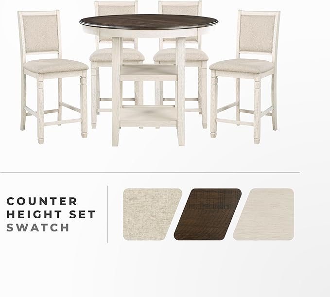 Lexicon Braun 5 Piece Counter Height Dining Table Set, Counter Height Dining Room Set for 4, Including 1 Round Kitchen Table and 4 Beige Fabric Upholstered Chairs, Antique White/Brown