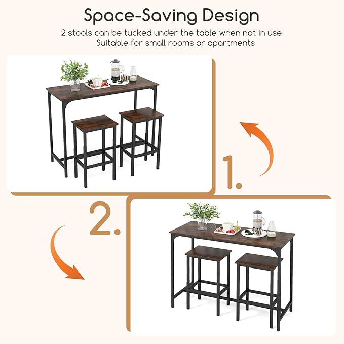 COSTWAY 3-Piece Dining Table Set, 47.5" Industrial Counter-Height Kitchen Table and 2 Bar Stools, High Top Rectangular Pub Table and Chairs for Dining Room Small Place Breakfast Nook Bistro (Coffee)
