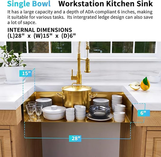 Gold Undermount Kitchen Sink, 16 Guage 304S Stainless Steel Workstation Sinks with Full Set Accessories, 30" x 18" x 6" Single Bowl ADA-Compliant Kitchen Sink, 6 Inch Deep Gold ADA Sink