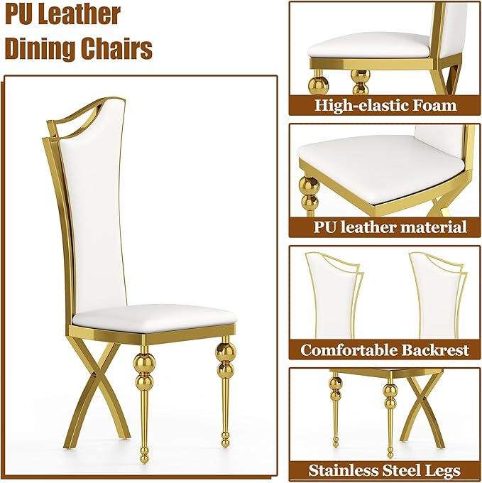 7-Piece Modern Dining Table Set, 70" Black Tempered Glass Kitchen Table with Gold Polished Stainless Steel U-Shaped Pedestal Base and 6 White High Back Chairs with X-Shaped Legs, for Dining Room