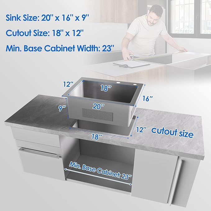 ROVOGO 20 inch Drop in Bar Sink 304 Stainless Steel, 20"x16" Wet Bar Prep Sink Single Bowl for Small Kitchen, 9" Deep Sink Top Mount with 2-Hole & Drain Assembly, Brushed