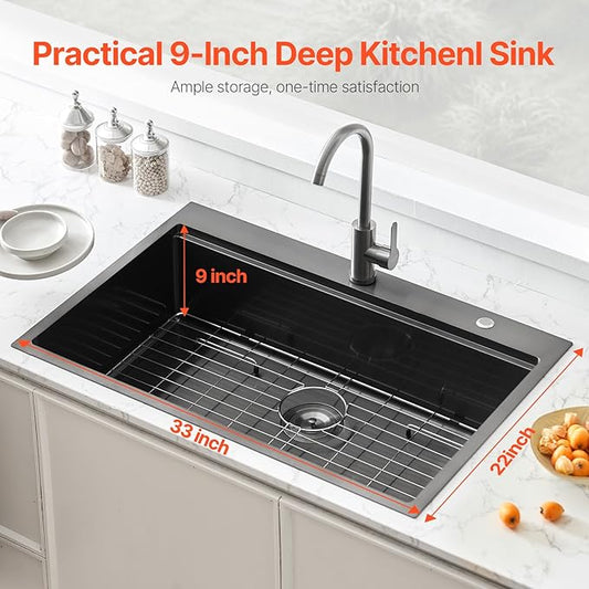VEVOR Drop In Kitchen Sink 33 Inch Kitchen Sink Workstation, 304 Stainless Steel Top Mount Sinks, Drop-In Single Bowl with Ledge & Multiple Accessories Sink for RV, Prep Kitchen, Bar 33 x 22 x 9inch