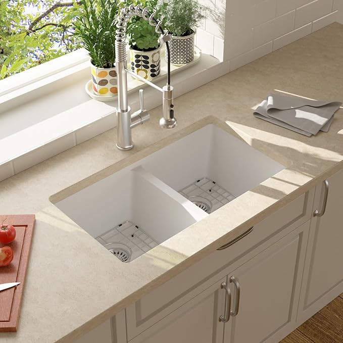 Lordear 33 Granite Composite Kitchen Sink 33x19 Inch White Undermount Sink Double Bowl 50/50 Granite Composite Under/Over Counter White Kitchen Sink