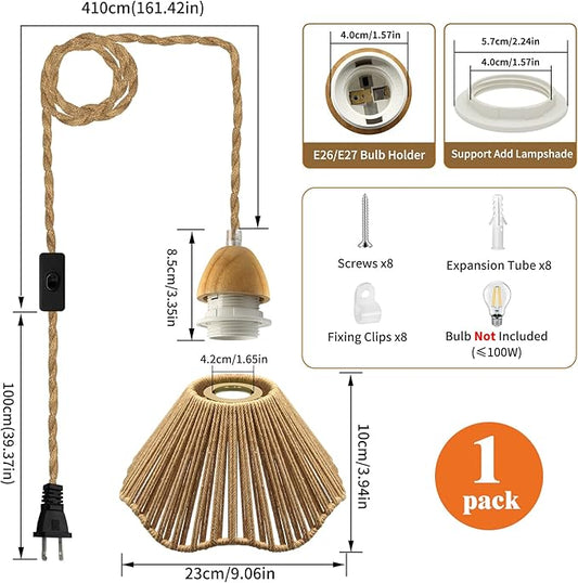 Farmhouse Hanging Lights with Plug in Cord, 16.7FT Rustic Hemp Rope Pendant Light Cord, 23x10 cm Hemp Rope Woven Lampshade Pendant Light Fixtures, E26 E27 Bulb Socket Boho Hanging Lamp, for Bedroom
