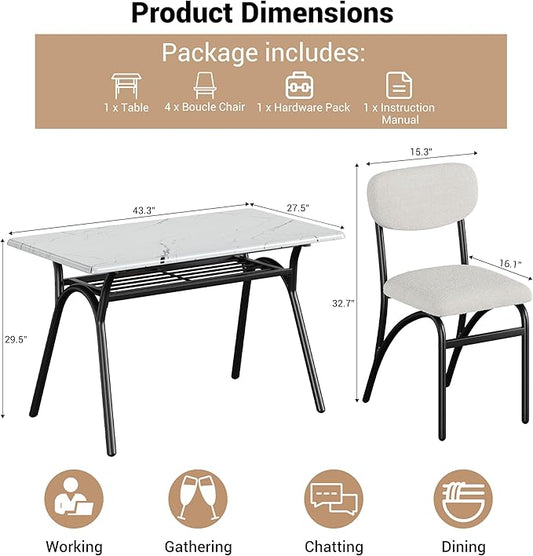 GarveeHome 5-Piece Dining Table Set for 4, Modern Kitchen Table with 4 Boucle Chairs, Rectangular Dining Table with Storage Shelf & Marble Tabletop, Beige Home Dining Furniture for Small Space
