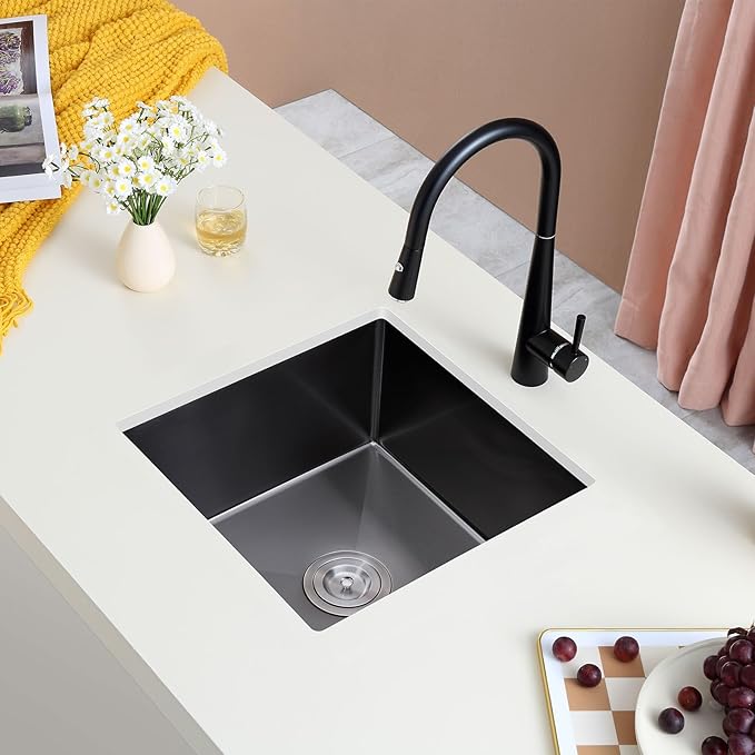 MENATT 18-inch Undermount Kitchen Sink Black, 18 Gauge Stainless Steel Single Bowl Undermount Small Bar Sink Kitchen Sinks,D18" x W18" x H9"