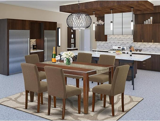 HomeStock 7 Piece Dining Room Table Set Consist of a Rectangle Kitchen Table and 6 Coffee Linen Fabric Parson Dining Chairs, 36x60 Inch, Mahogany