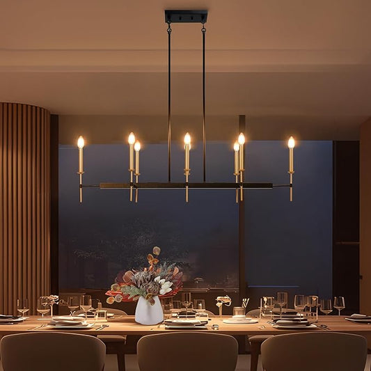 KSANA Black and Gold Chandelier, Modern Linear Dining Room Chandelier Light Fixture, Large 48.5” 8-Light Kitchen Island Lighting for Living Room