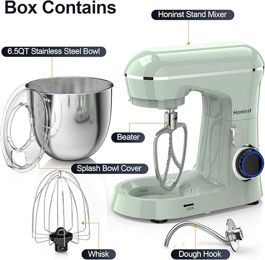 Honinst Stand Mixer, 6.5QT 10-Speed Tilt-Head Electric Stand Mixer, 3-In-1 Kitchen Mixer with Bowl, Dough Hook, Whisk and Beater, Food Mixer for Baking, Cake and Most Home Cooks, Green