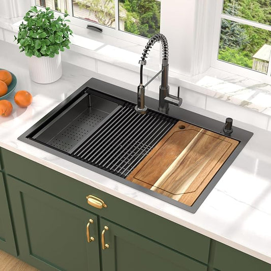 Drop In Kitchen Sink - 33x22 Drop In Gunmetal Black Kitchen Sink with Faucet Combo Workstation NANO-PVD 16 Gauge Stainless Steel Topmount Single Bowl Sinks Round Corners #TL-FDOE00097