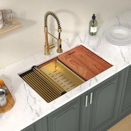 Lordear 28 Undermount Kitchen Sink Gold Stainless Steel 16 Gauge Under Counter Workstation Sink Single Bowl 304 Stainless Steel One Basin Handmade Sinks