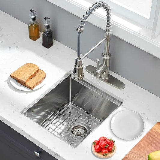 Undermount Kitchen Sink, 15 x 17 x 10 Inch Bar Sink 16 Gauge Stainless Steel Small Sink Kitchen Single Bowl Workstation with Cutting Board