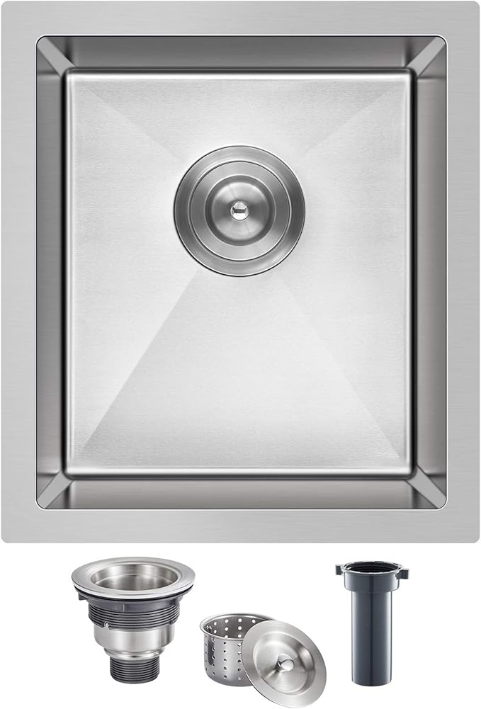 15 inch Bar Sink, KINKIB 15 x 17 inch Undermount Bar Prep Kitchen Sink, Handmade Single Bowl T-304 Stainless Steel Sink with Strainer