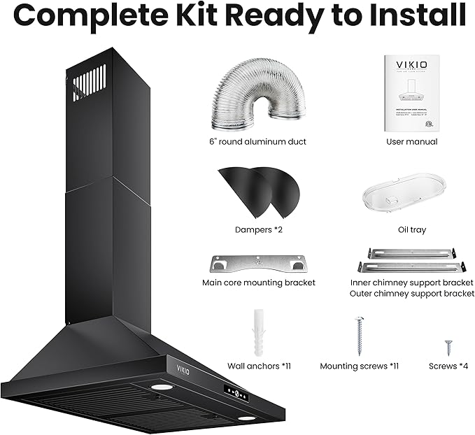 VIKIO HOME Wall Mount Range Hood 30 inch, 580 CFM Kitchen Vent Hood, Ducted/Ductless Convertible with Touch Control, Stainless Steel Stove Vent Hood, Easy Clean Filter, Black