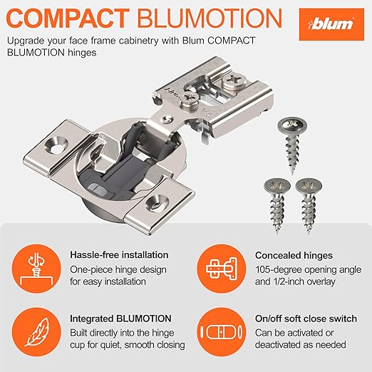 Blum Compact BLUMOTION Hinge (1 Kit), 1/2" Overlay, 105° Opening Angle, Steel, Integrated Soft-Close Hinges for Face Frame Cabinets