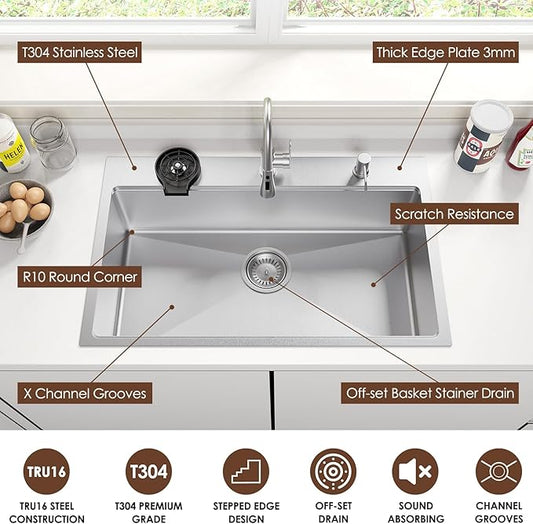 33x22 Inch Kitchen Sink Black Drop In Stainless Steel Kitchen Sinks 16 Gauge Single Bowl Workstation Luxury Top Mount Sink with 6 Accessories Include Glass Rinser (Brushed Nickel)