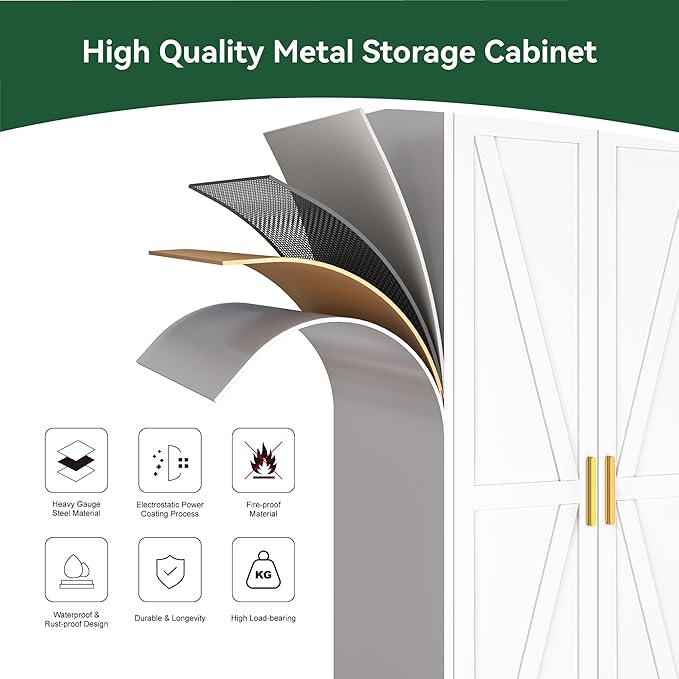 Metal Combination Cabinet, Utility Storage Cabinet with 4 Shelves, Farmhouse Pantry Closet with Doors, 71" Tall Storage Cabinets with Hanging Rod and Clothing Shelf for Hallway Laundry Mudroom