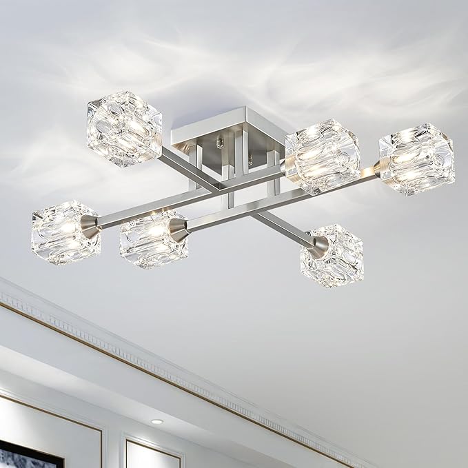 XINGQI Brushed Nickel Ceiling Light Fixture 6-Light Modern Sputnik Chandelier Semi Flush Mount Ceiling Lights for Bedroom Dining Room Living Room Entryway