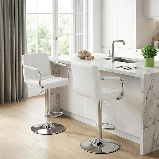 DUMOS Bar Stools Set of 2, Adjustable Swivel Bar Chairs with Padded Armrests and Ergonomic Backrest for Kitchen Island Counter Pub Dining Room, Water-Resistant PU Leather, White