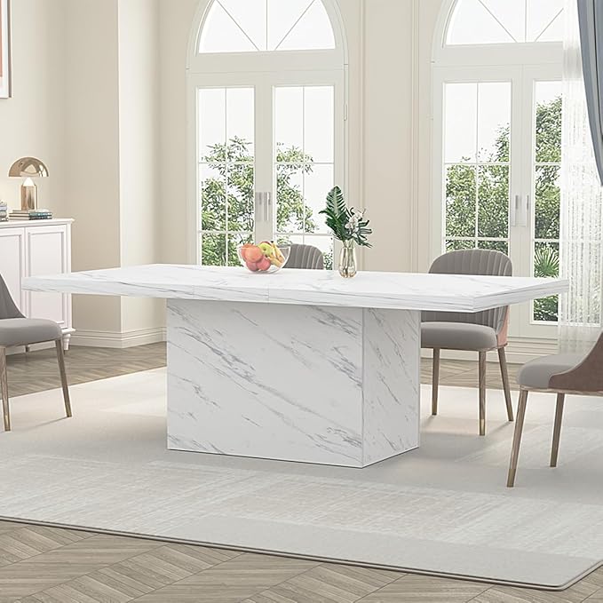 HSH 71” White Faux Marble Dining Table, Rectangle Modern Dinner Kitchen Table for 6-8, Farmhouse Long Kitchen Furniture for Living Room, Industrial Wood Dining Room Table with Sturdy Base