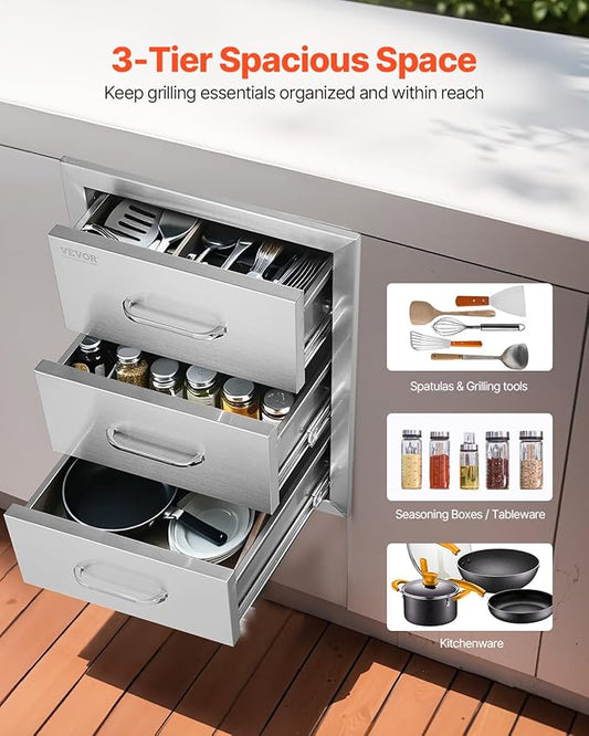 VEVOR Outdoor Kitchen Drawer 16" W x 21.5" H x 18" D, Outdoor Kitchen Cabinets, BBQ Drawer Stainless Steel, Flush Mount Triple Access, with Handle, BBQ Island, Outdoor Grill Patio Grill Station