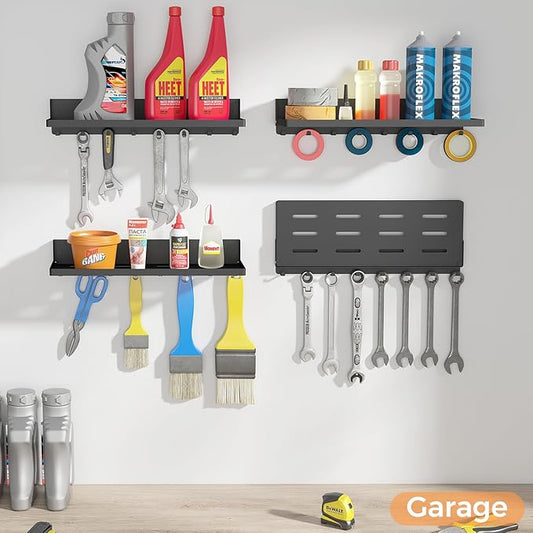 Folding Metal Shelf with Hooks, Wall Mounted Laundry Room Shelf, 8 Hooks & 90° Fold Up, Fold-Down for Rv, Bathroom, Kitchen, Garage, Space Saving, Small Space, Black(17.0", 1 Pack)