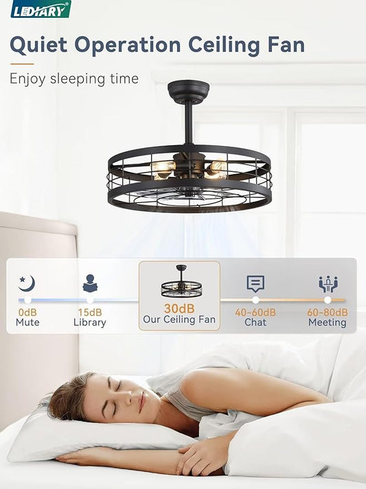 LEDIARY 22 inch Black Caged Ceiling Fan with Light, Bladeless Industrial Ceiling Fan with Remote, Farmhouse Fan Lights Ceiling Fixtures for Kitchen, Bedroom, OutdoorοΌ6 Speed, TimingοΌ-Black