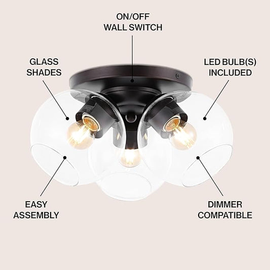 JONATHAN Y 11.5" Oil Rubbed Bronze 3-Light Semi Flush Mount Ceiling Light, Farmhouse Rustic Iron Fixture for Kitchen Bedroom, Clear Glass Shade, LED Bulbs Included JYL7568A