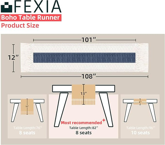 FEXIA Boho Table Runner 108 Inches Long for Home Decor Farmhouse Table Runner Cream & Blue Rustic Macrame with Tassels for Bohemian Dining Bedroom Decor Bridal Shower (12x108 Inches)