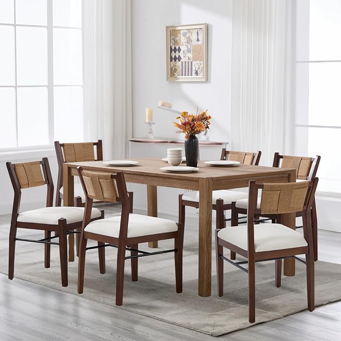 RIVOVA Farmhouse Woven Dining Chairs Set of 6 with Weave Paper Rope Back, White Chenille Upholstered Kitchen & Dining Room Chairs with Walnut Wood Legs, Mid-Century Armless Kitchen Side Chair