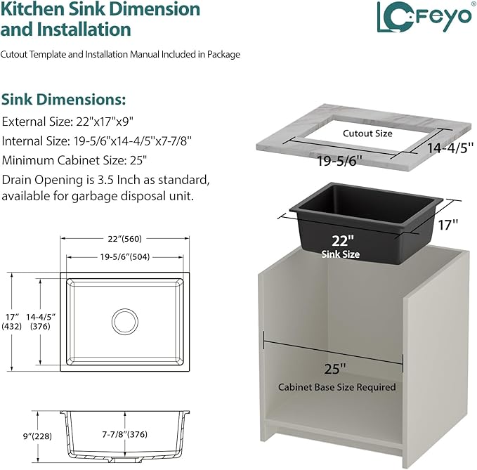 Black Undermount Kitchen Sink 22"x17" Granite Composite Bar Sink Black Small Granite Sink Undermount Quartz Modern Under Counter Ledge Single Bowl Kitchen Sinks Basin Deep Sink,LOF-Q456V