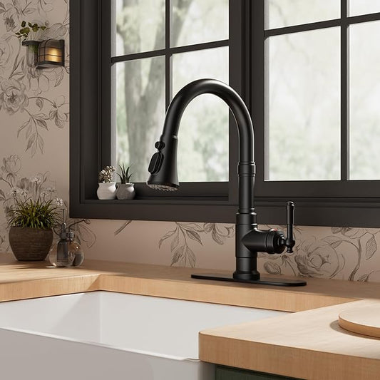 FORIOUS Vintage Kitchen Faucets with Pull Down Sprayer, Matte Black High Arc Single Handle Stainless Steel Rustic Pull Out Sink Faucet for Farmhouse Camper Rv Bar, Fit for 1 or 3 Hole