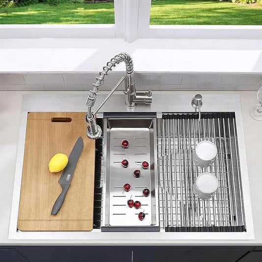KINGO HOME Drop in Kitchen Sink,33"x 22" Inch Stainless Steel Kitchen Sinks,Brushed Nickel Single Bowl Basin Handmade Topmount workstation sink With Dish Grid,Dish Drainer,Cutting Board and Basket
