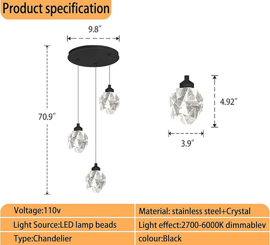 Black Pendant Light Dimmable LED 3-Light Modern Pendant Light Kitchen Island Dining Room Bar