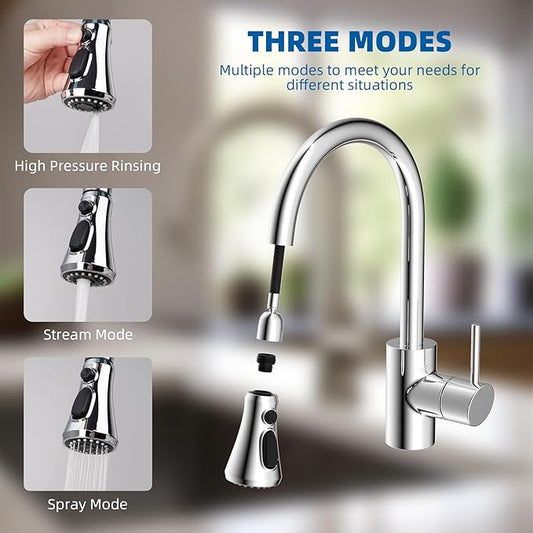 Hibbent Pull Down Kitchen Faucet Head Replacement, NSF/ANSI/CAN 61 & CUPC Certified 3-Function Sink Spray Nozzle with 15 Adapters Compatible with Moen, Delta, Kohler Faucets, Chrome