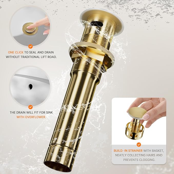 Phiestina Pull Down Sprayer Brushed Gold 8 Inch Bathroom Sink Faucet, 2 Handles 3 Hole Widespread Pull Out Bathroom Faucet๏ผwith Pop Up Drain and Water Supply Line,BF04022-K01-BG
