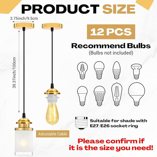 12 Pack Industrial Mini Pendant Light Kit Bulk, UL E26/E27 Lamp Socket 3.28 ft Adjustable Hanging Light Cord Kit Edison Vintage Retro Ceiling Lamp Fixture for Kitchen Bar Decor(Gold)