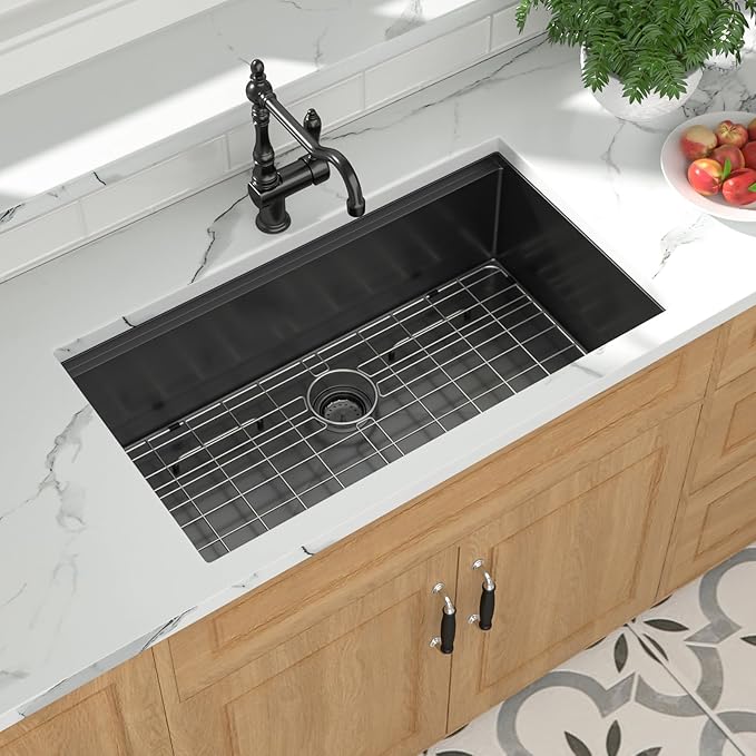 Mocoloo 32 Inch Undermount Kitchen Sink, 32x19 Gunmetal Black Stainless Steel Workstation Sink, 16 Gauge Modern Single Bowl 10'' Deep Kitchen Basin