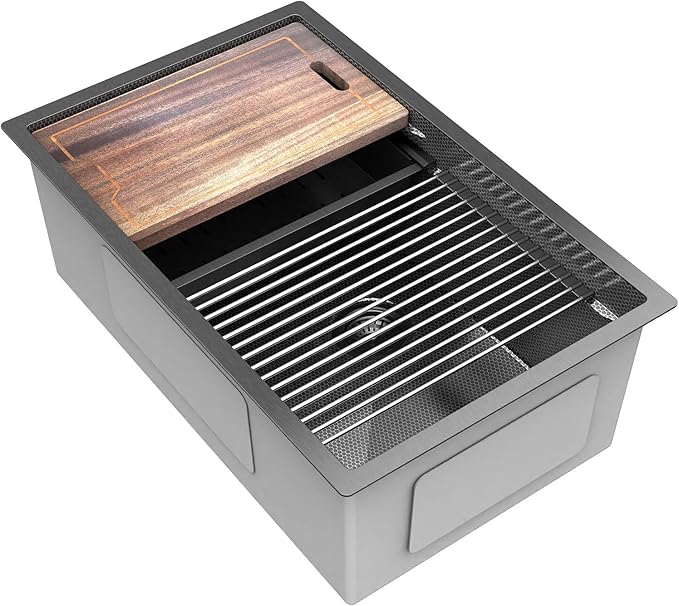 30inch Kitchen Sink Undermount Metal Black - Feibus 30x19x10 with Double Step Workstation 16 Gauge Honeycomb Embossment Stainless Steel Single Bowl