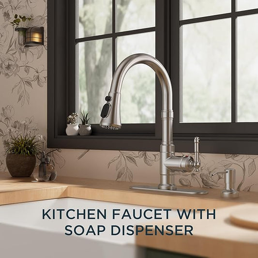 FORIOUS Vintage Kitchen Faucet with Soap Dispenser and Pull Down Sprayer, Brushed Nickel High Arc Single Handle Stainless Steel Classic Sink Faucet for Farmhouse Camper Rv Bar, Fit for 1 or 3 Hole
