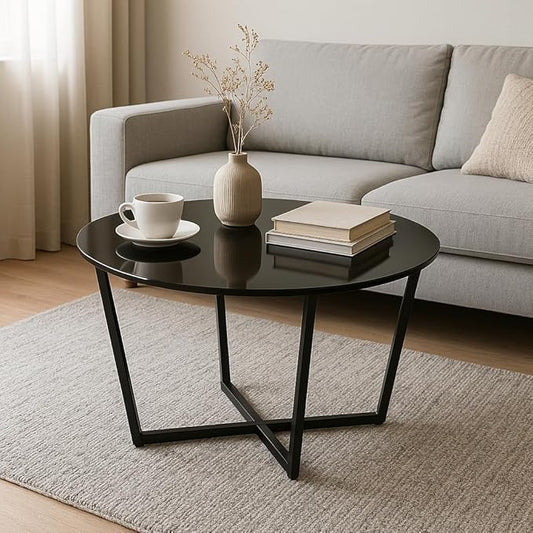 Mango Steam Round Metro Glass Coffee Table for Living Room & Dining Room - Black Top/Black Base