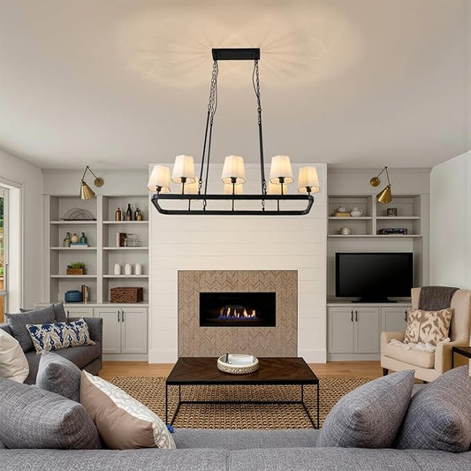 8-Light Large Black Chandeliers,Dining Room Light Fixture Over Table with White Fabric Shades,Farmhouse Chandeliers for Dining Room Kitchen Island Living Room