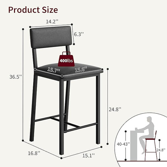 GarveeHome Bar Stools Set of 4 w/Soft Back and Upholstered Seat, 24.8 Inches Counter Height Barstools with Footrest & Thickened Metal Legs, for Kitchen Island, Bar, Black
