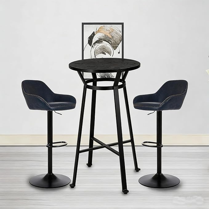 Glitzhome Bar Table and Chairs Set, Round Black Steel Pub Table with Soild Elm Wood Top and Bar Height Adjustable Swivel PU Leather Bar Stool for Breakfast Nook Living Room Small Space Restaurant