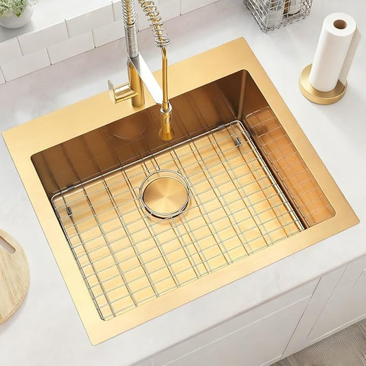 Gold Kitchen Sink 25"x22",Drop In Laundry Utility Sink,25 Inch Gold Sink 16 Gauge Stainless Steel,Top Mount Single Bowl Deep Kitchen Sinks