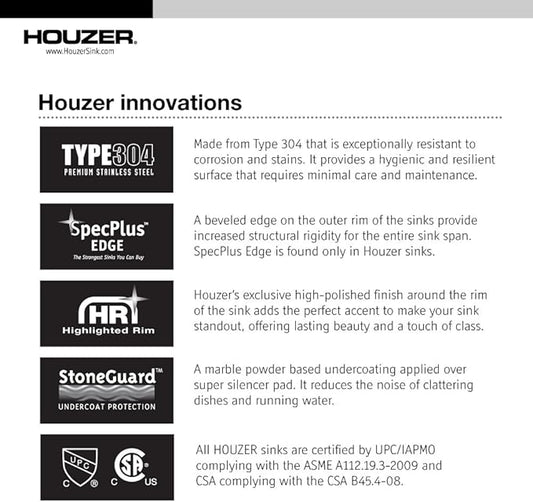Houzer MH-3200 Medallion Gourmet Series Undermount Stainless Steel Offset Single Bowl Kitchen Sink