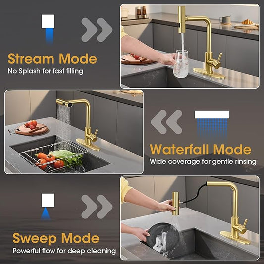 Waterfall Kitchen Faucet with Pull Down Sprayer, ARTIQUA Brushed Gold Single Handle Kitchen Sink Faucet with Deck Plate Fits 1 or 3 Hole, for Bar RV Laundry Farmhouse Outdoor and Camper