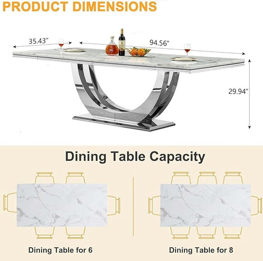 94 Inch White Marble Dining Table for 6-10 People, Modern Extra Long Rectangular Kitchen Table w/Faux Marble Top & Gorgeous Mirrored Stainless Steel Base, Large Rectangular Silver Dining Room Table